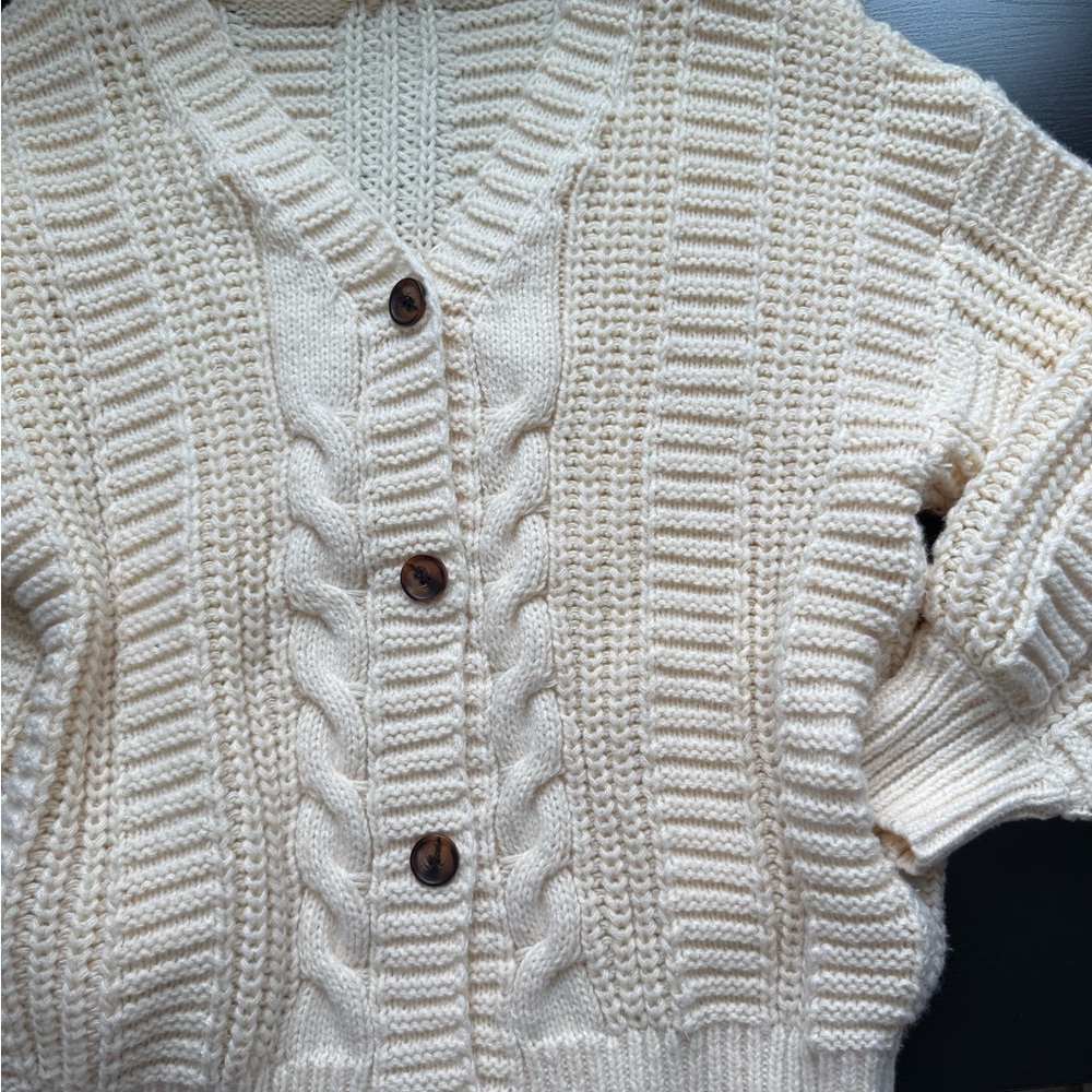Chunky Cable Knit Cardigan Cream Oversized Fisherman Grandpa Sweater - Picture 15 of 15